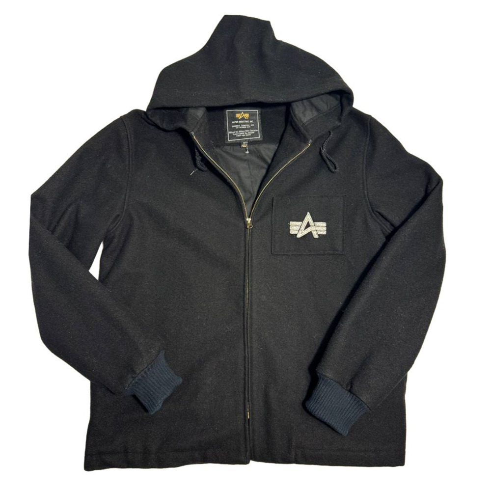 Alpha Industries Jacket Mens XL Black Full Zip Hoodie Military Style Wool Blend